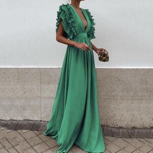 Chic Green Ruffle Sleeve Maxi Dress